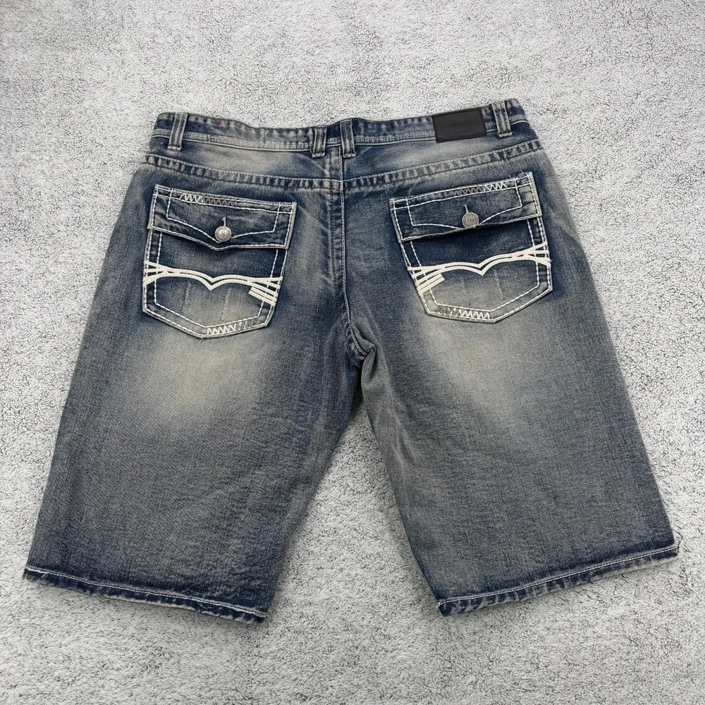 GS-115 Jean Short Mens 40 Blue Baggy Stitched Flap Pocket Distressed Hip Hop Y2K